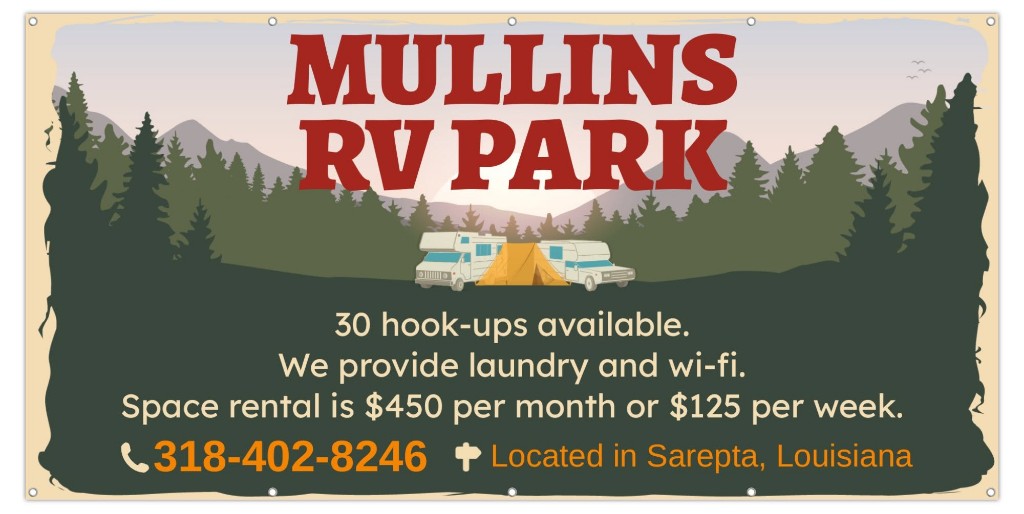 Mullins RV Park banner — hookups, laundry, Wi-Fi, rates, and phone